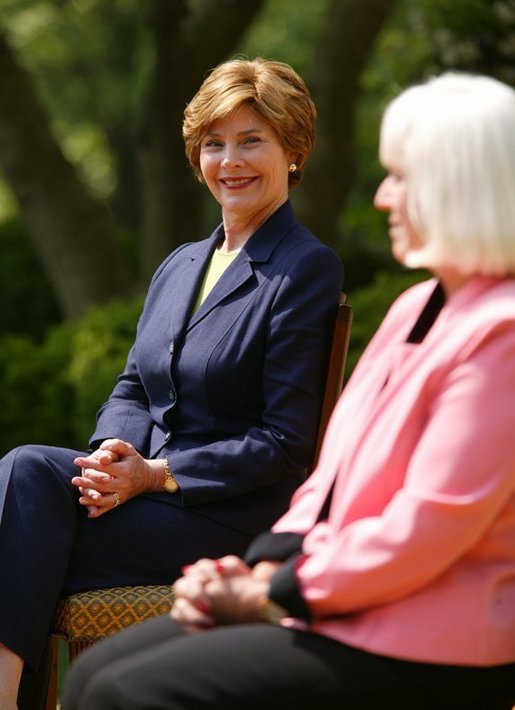 First Lady Mrs. Laura Bush with Kathleen Mellor the 2004 Teacher of the Year from South Kingstown, Rhode Island in the Rose Garden of the White House on April 21, 2004. White House photo by Paul Morse.