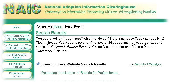 Picture of Clearinghouse Website Search results.