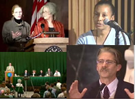 Webcasts of public programs, clockwise from upper left: Hilary Mac Austin and Kathleen Thompson discussing Children of the Depression; Mary Mundy talking about cataloging born-digital images; John Vlach discussing Barns; Comic Book Artists and Illustrators and 9/11 panel discussion.