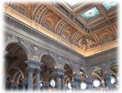 Image of the Stained Glass ceiling in the Great Hall of the Thomas Jefferson Buidling of the Library of Congress