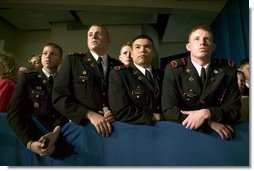 Cadets from the New Mexico Military Institute listen as President George W. Bush delivers remarks on the war on terror at the Roswell Convention Center in Roswell, N.M., Thursday, Jan. 22, 2004. White House photo by Eric Draper.