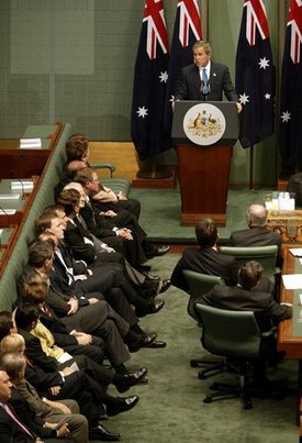 President George W. Bush speaks to the Australian Parliament in Canberra, Australia, Oct. 23, 2003. White House photo by Paul Morse.