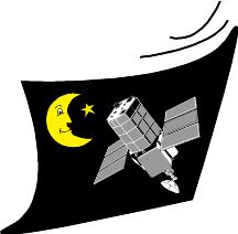 Graphic of a satellite, star, and half-moon with smiling face.