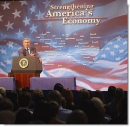 President George W. Bush addresses employees, small business owners and local families at the Langham company in Indianapolis, Indiana, Friday, Sept. 5, 2003. White House photo by Tina Hager.