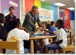 President George W. Bush visits with students from Kirkpatrick Elementary School in Nashville, Tenn., Monday, Sept. 8, 2003. White House photo by Tina Hager.