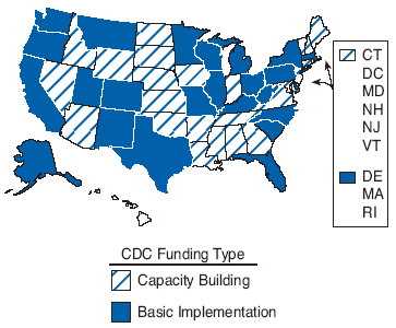 Este mapa de Estados Unidos muestra el financiamiento de los programas de control de la diabetes de los CDC en el a?o fiscal 2004