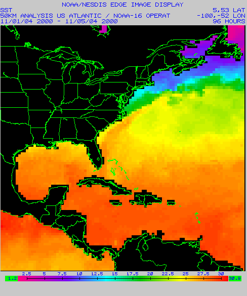 Sea Surface Temperature derived from the GOES-12 imager.  Click on the image for a larger view.