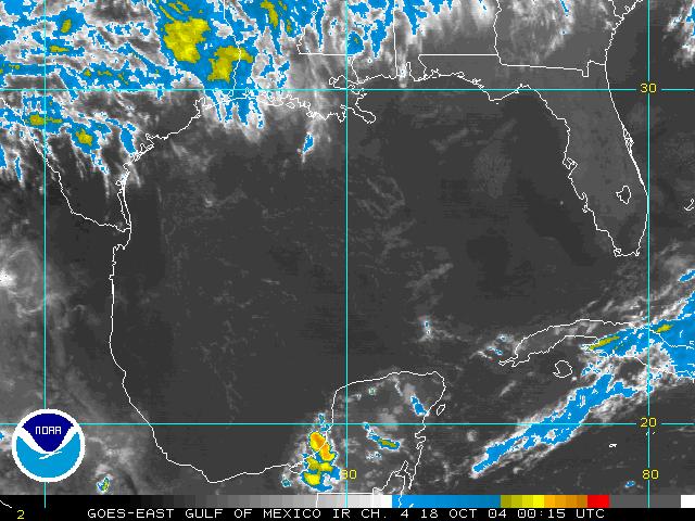 A recent IR image from GOES-12, zoomed in over the Gulf of Mexico.  Click on the image for a larger view.