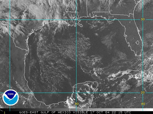 A recent visible image from GOES-12, zoomed in over the Gulf of Mexico.  Click on the image for a larger view.