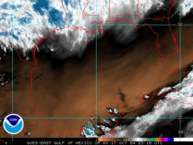 A recent water vapor image from GOES-12, zoomed in over the Gulf of Mexico.  Click on the image for a larger view.