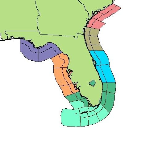 Map showing the coastal marine forecast zones of Florida, Georgia and S. Carolina.  Click on your area of interest to get the latest coastal marine forecast.  Alternative text links are available below the map.