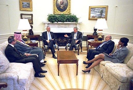 President George W. Bush, Secretary of State Colin Powell, and National Security Advisor Dr. Condoleezza Rice meet with the Foreign Ministers of Saudi Arabia, Egypt and Jordan in the Oval Office Thursday, July 18. They are (from left) Dr. Marwan Jamil Muasher of Jordan, Prince Saud Al-Faisal of Saudi Arabia and Ahmed Maher El Sayed of Egypt. White House photo by Paul Morse.