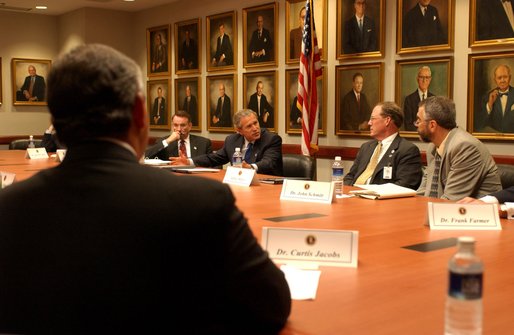 President George W. Bush addresses medical liability reforms during a roundtable discussion at High Point University, Greensboro, N.C., Thursday, July 25. White House photo by Tina Hager.