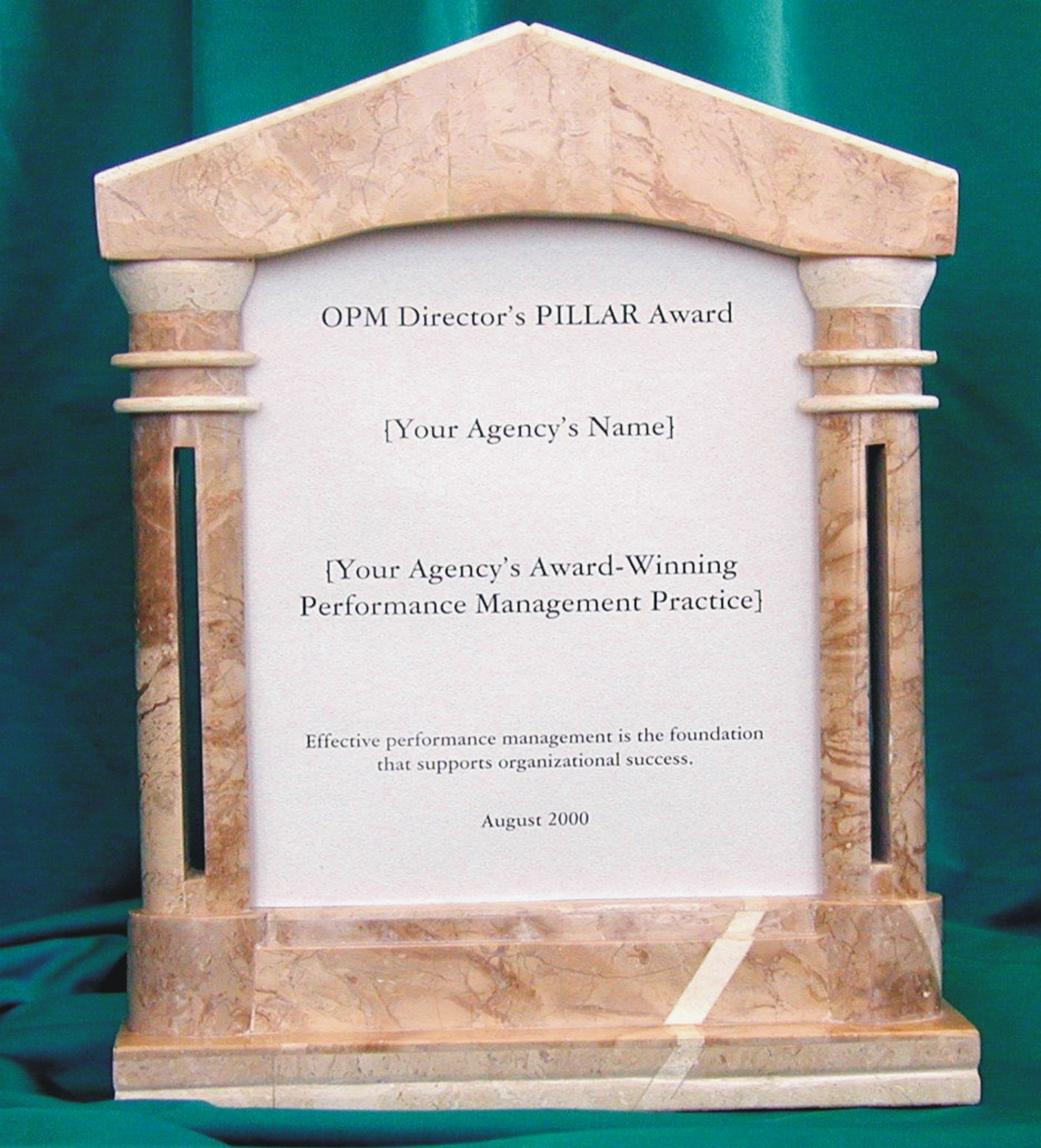photo of award item: marble pillar frame inscribed on smoked-glass insert with recipient's organizational name and name of award-winning program