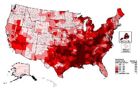 Heart Disease Death Rates for 1996 through 2000 of Adults Aged 35 Years and Older by County. The map shows that concentrations of counties with the highest heart disease rates - meaning the top quintile - are located in Appalachia, along the southeast coastal plains, inland through the southern regions of Georgia and Alabama, and up the Mississippi River Valley.