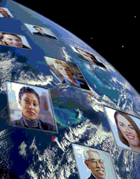 picture of planet earth with pictures of faces floating above