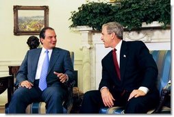 President George W. Bush meets with Prime Minister Konstandinos Karamanlis of Greece in the Oval Office Thursday, May 20, 2004.  White House photo by Joyce Naltchayan.