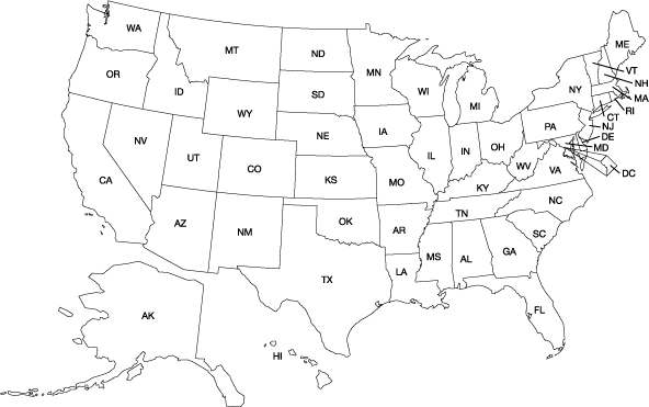 Map of US showing states
