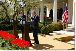 President George W. Bush and Prime Minister Tony Blair hold a press conference in the Rose Garden of the White House on April 16, 2004. White House photo by Paul Morse.