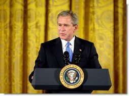 President George W. Bush speaks during the White House ceremony honoring Cinco de Mayo in the East room Wednesday, May 5, 2004. "We value the heritage and the contribution of Mexican Americans in our country, and we respect our friend and neighbor, the great nation of Mexico," said the President in his remarks. White House photo by Paul Morse.