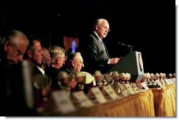 Vice President Dick Cheney delivers remarks at the 16th Annual National Fire and Emergency Services Dinner at the Washington Hilton in Washington, D.C., Wednesday, May 5, 2004. “We must support our nation's firefighters and emergency personnel, because the demands of your job are greater than ever. You are prepared, after all, for the millions of calls that must be answered every year. And in this period of testing for America, every firefighter knows that the next alarm could be a terrorist attack. You have always been essential to the security of our communities, and now you are essential to the defense of our homeland.” said the Vice President in his remarks. White House photo by David Bohrer.