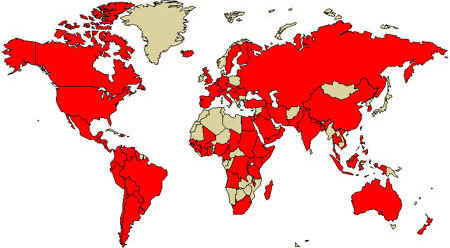 Mapa de lugares en los cuales el Servicio de Inteligencia de Epidemias EPI-AID  realiz investigaciones entre 1950 y 1999
