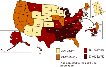 Mapa de los Estados Unidos que muestra el porcentaje de adultos de 20 aos de edad en adelante a quienes se les inform que tenan hipertensin, 2001.