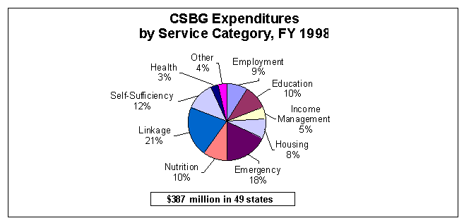 CSBG Expenditures by Service Category, FY 1998; $387 million in 49 states. Data presented are as follows: Linkage: 21%;Emergency: 18%;Self-Sufficiency:12%;Education:10%;Nutrition:10%;Employment:9%;Housing:8%;Income Management:5%;Other:4%Health:3%