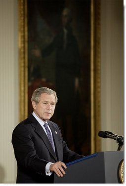 President George W. Bush discusses his immigration policy in the East Room Wednesday, Jan. 7, 2004. "We must make our immigration laws more rational, and more humane. And I believe we can do so without jeopardizing the livelihoods of American citizens," said President Bush. White House photo by Paul Morse.