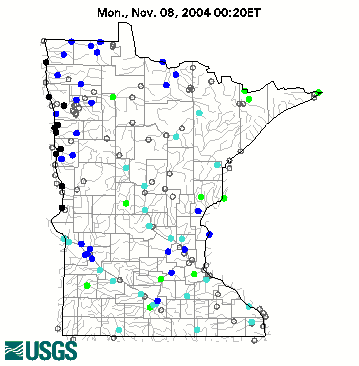 Stream gage levels in Minnesota, relative to 30 year average.