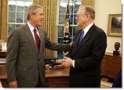 President George W. Bush meets with Dr. Arden L. Bement in the Oval Office Wednesday, Sept. 15, 2004. President Bush is nominating Dr. Bement to be Director of the National Science Foundation. Dr. Bement has been serving as Acting Director since February 22, 2004. White House photo by Paul Morse.