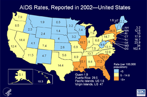 Slide 11 - Title:
AIDS Rates, Reported in 2002United States

For cases reported in 2002, AIDS rates (cases per 100,000 population) are shown for each state, Washington, DC, Puerto Rico, the US Virgin Islands, Guam, and the US Pacific Islands.

Areas with the highest rates in 2002 were Washington, DC, New York, Maryland, Florida, Puerto Rico, and Louisiana. Every state reported some AIDS cases in 2002.