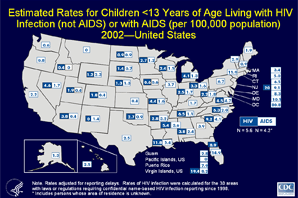 Slide 25 - Title:
      Estimated Rates for Children <13 years of Age Living with HIV Infection (not AIDS) or with AIDS (per 100,000 population) 2002United States

      In the 30 areas with confidential name-based HIV infection reporting since 1998, the prevalence rate of HIV infection (not AIDS) among children <13 years of age was 5.6 per 100,000 population at the end of 2002. The rate for children living with HIV infection (not AIDS) ranged from 0.4 per 100,000 in Idaho to 20.0 per 100,000 in New Jersey.

      In the United States, at the end of 2002, the AIDS prevalence rate among children <13 years of age was 4.2 per 100,000. The rate ranged from 0.4 per 100,000 in Arizona, Colorado, Kansas, and Utah to 80.8 per 100,000 in the District of Columbia.

      The data have been adjusted for reporting delays.
