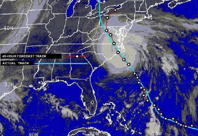 A satellite image of the U.S. showing Hurricane Isabel with an overlay of the predicted and actual track of the hurricane by the National Weather Service (NWS). The overlay indicates NWS accurately predicted the track of the hurricane.