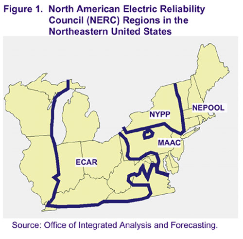Figure 1. North American Electric Reliability Council (NERC) Regions in the Northeastern United States.  For more detailed information, contact the National Energy Information Center at (202) 586-8800.