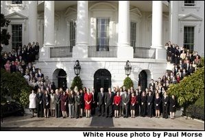 President George W. Bush and Vice President Dick Cheney pose with the 2003 Fall class of White House interns on the South Portico.