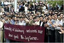 University students in Sulimaniyah,  northern Iraq, welcome Jay Garner.