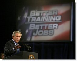 President George W. Bush delivers remarks on job training and the economy at Central Piedmont Community College in Charlotte, N.C., Monday, April 5, 2004. White House photo by Eric Draper.