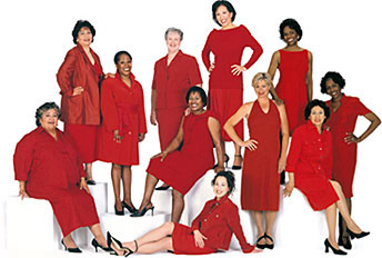 Image of 11 real women wearing red dresses