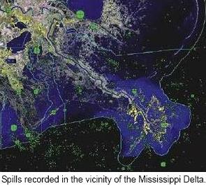 Spills recorded in the vicinity of the Mississippi Delta