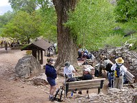 HIKERS TAKE A BREAK UNDER THE SHADE OF A COTTONWOOD AT INDIAN GARDENS ON THE BRIGHT ANGEL TRAIL.