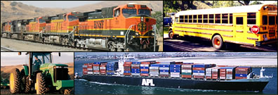 Photo of a locomotive, a schoolbus, a tractor, and a cargo ship; all of which use diesel fuel