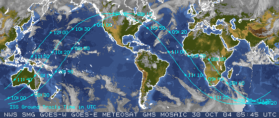 Global satellite mosaic and ISS or Shuttle Ground tracks - click to enlarge