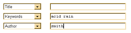 Screen shot showing an example of a search for items about acid rain written by an author named Smith