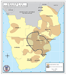 Map of Southern Africa with areas of Maize production and drought-affected areas of Malawi, Zambia, Zimbabwe, Botswana, Mozambique, and Swaziland highlighted.