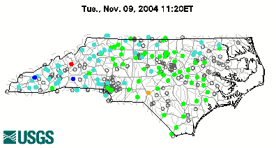 Stream gage levels in North Carolina, relative to 30 year average.