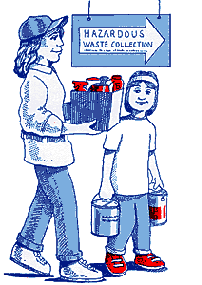 Mother and daughter carrying household hazardous waste to hazardous waste collection point