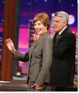 Mrs. Laura Bush appears at a taping of the Tonight Show with Jay Leno in Burbank, California on October 6, 2004. White House photo by Paul Morse.