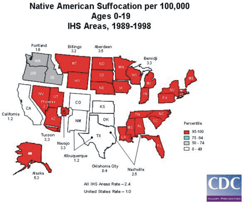 Map depicting Native American Suffocations per 100,000, ages 0-19, IHS areas, 1989-1998