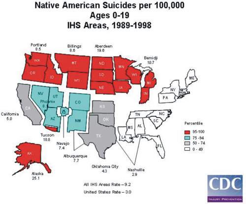 Map depicting Native American Suicides per 100,000, ages 0-19, IHS areas, 1989-1998
